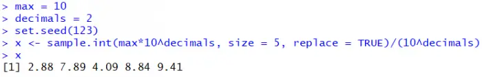 Created rounded random numbers with the SAMPLE.INT function.