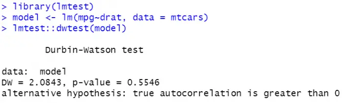 Durbin Watson test to check for autocorrelation in R