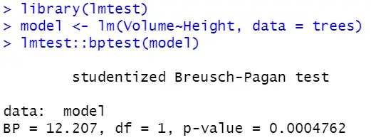 Test for homoscedasticity in R with the Breusch-Pagan test