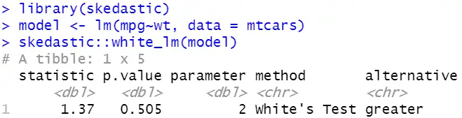 Test for homoscedasticity in R with the White test