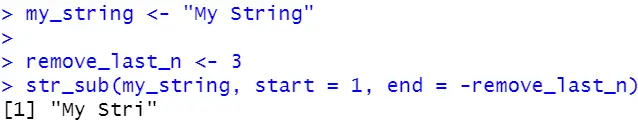 Remove the last N characters from a string in R using the str_sub() function.